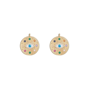Pendentif œil grec en or 14k avec pierres colorées et texture de pièce de monnaie