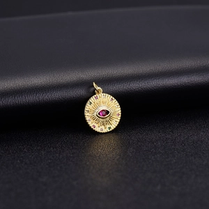 Runder 14K Gold Anhänger Böser Blick mit rotem Stein und bunten Kristallen