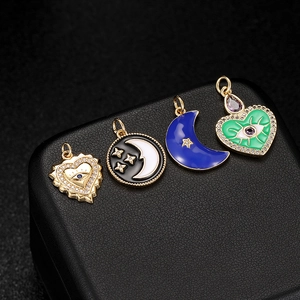 14K gold plated evil eye and crescent moon enamel pendants set for jewelry making