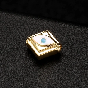 Golden square evil eye charm bead with blue enamel inlay for DIY jewelry making