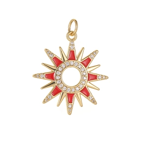 14K gold plated sun pendant with red enamel and pavé zircon stones on white background