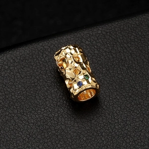 Cylindrical 14K gold-plated hammered charm with colorful inlaid gemstones for DIY jewelry