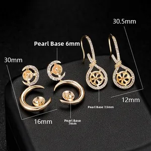Detailed size parameters of gold pearl earring findings with cubic zirconia and bead caps