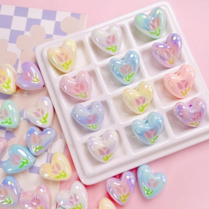 Iridescent Heart Shaped Acrylic Beads With Tulip Pattern Macaron Colored Loose Beads For DIY Jewelry Making Accessories