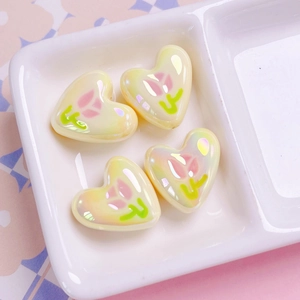 Rainbow heart beads with pink tulip pattern for DIY jewelry making and phone charms