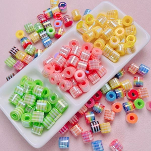 Resin Acrylic Cylinder Beads Striped Gingham Plaid Barrel Beads UV Plated Iridescent Colorful Beads For DIY Jewelry Handmade Bracelet Necklace