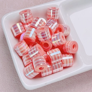 UV plated iridescent checkered resin cylindrical beads for DIY jewelry making