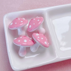Set of 4 cute pink and white polka dot acrylic mushroom beads for DIY jewelry making