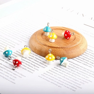 Colorful resin mushroom charms with polka dots and metal rings for DIY jewelry making