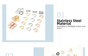Dettaglio macro di anellini aperti in acciaio inossidabile oro, argento e oro rosa