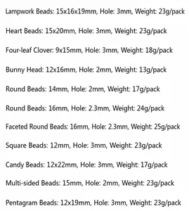 Size chart for black UV coated DIY beads including heart, star and clover shapes
