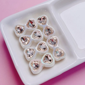 Iridescent white resin bow beads with heart-shaped champagne zircon for DIY jewelry making