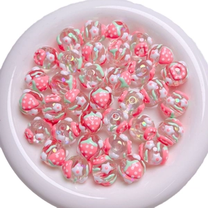 Pink strawberry printed acrylic round beads for DIY jewelry and phone charms