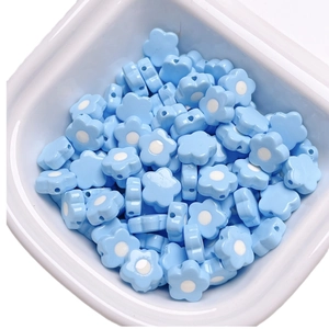 Light blue acrylic flower beads with center white dot and side holes for DIY crafts