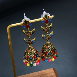 Μποέμ σκουλαρίκια jhumka με μισοφέγγαρο, vintage καμπάνες και πολύχρωμες χάντρες