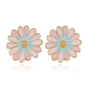 Minimalist daisy stud earrings with pink and blue enamel petals and gold trim