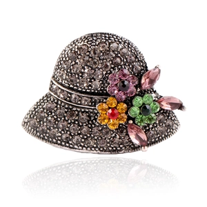 Elegant vintage silver hat brooch with sparkling grey rhinestones and colorful crystal flowers