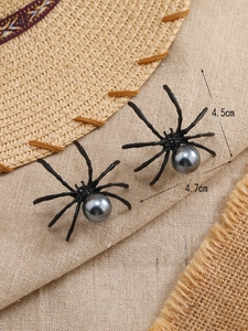 Detalle de los pendientes de araña gótica con una gran perla gris y acabado en negro