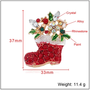 Broche chaussette de Noël en alliage doré avec strass rouges et détails cristal