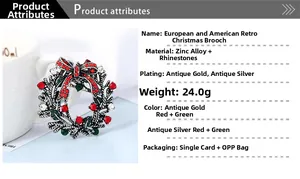 Macro shot of retro Christmas wreath brooch with colorful rhinestones and red bow detail