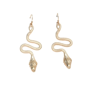 Exaggerated golden snake drop earrings with textured scales and punk style hooks