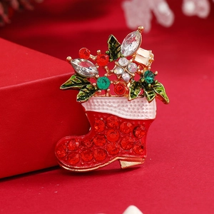 Broche Chaussette de Noël en Strass Alliage Or Rouge Vert Festif Vacances Émail Chaussette Botte Épinglette de Revers Bijoux Accessoire Femme Cadeau