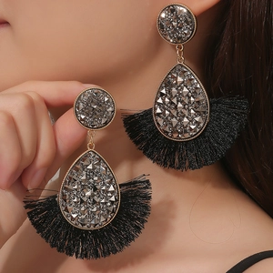 Bohemian Alloy Rhinestone Fan Shaped Tassel Drop Earrings For Women Ethnic Long Waterdrop Dangle Earrings Party Jewelry