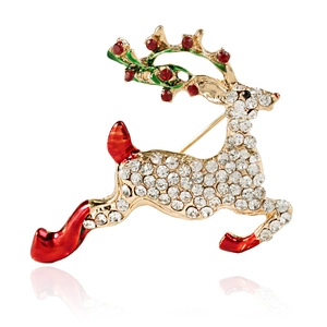 Broche de renne de Noël élégante en alliage doré avec cristaux blancs et émail rouge