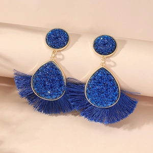Bohemian retro fan-shaped tassel earrings with deep blue crystals and gold trim