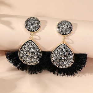 Bohemian crystal fan drop earrings with black silk fringe tassels and gold-tone studs