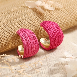 Bohemian hot pink woven raffia C-shaped earrings with gold alloy metal for women
