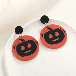 Halloween Creativi Grotteschi Orecchini a Bottone in Acrilico Zucca Esagerati Tondi Arancioni Neri Stampati Gioielli per Donna Festa