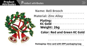 Macro detail of Christmas bell brooch showing zinc alloy plating and rhinestone inlay