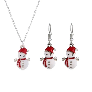 Detailed view of snowman necklace and earrings set with red enamel and crystals