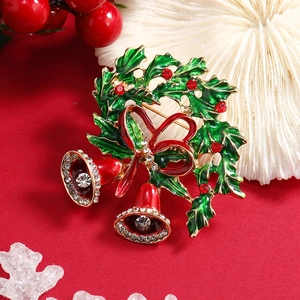 Christmas bell brooch with green holly leaves and red enamel bells in sparkling alloy
