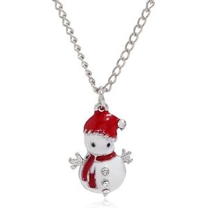 Macro detail of snowman pendant necklace with red enamel and sparkling crystal accents