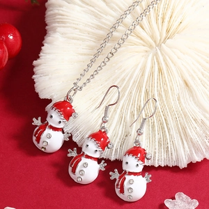 Christmas Snowman Necklace And Earrings Jewelry Alloy Drip Oil Rhinestone Pendant For Women Holiday Gift Accessories