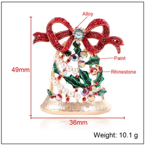 Christmas bell brooch with red rhinestone bow and white pearls on gold alloy base