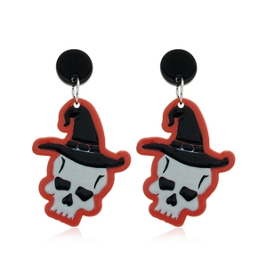 Creatieve acryl schedel oorbellen met zwarte heksenhoed en rode rand voor Halloween