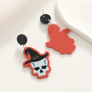 Halloween-oorbellen van acryl met schedel, toenaarshoed en rode achtergrond voor dames