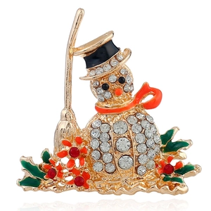 Sparkling gold snowman brooch with rhinestones and enamel details for Christmas decor