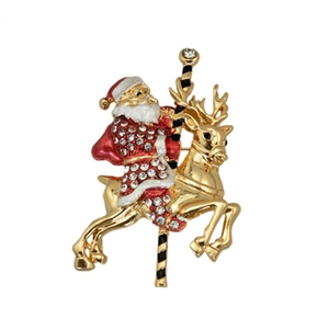 European Christmas Santa Claus riding reindeer brooch with crystals in gold finish