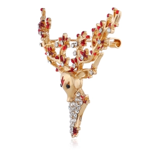 Détails de la broche de Noël renne de luxe avec émail rouge et strass blancs brillants