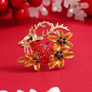 Broche de Renne de Noël Vintage pour Femmes Alliage Strass Huile de Goutte Épingle de Fleur de Cerf Bijoux de Fête Festive