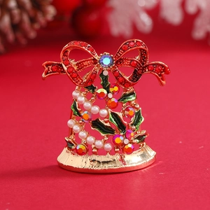 Exquisite Christmas Bell Bow Brooch Alloy Rhinestone Enamel Imitation Artificial Pearl Breastpin For Women Holiday Party Accessory