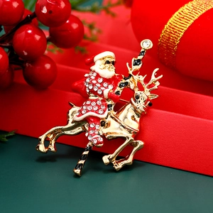 European Christmas Santa Claus and reindeer brooch with red enamel and crystals