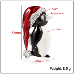 Broche pingouin de Noël avec bonnet rouge, strass et finition peinture alliage, 53mm
