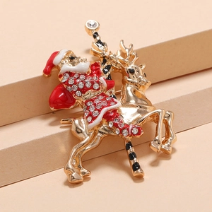 European creative Santa Claus and reindeer brooch with gold plating and sparkling crystals
