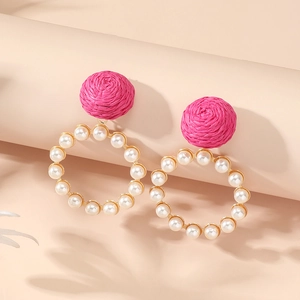 Bohemian floral pearl hoop earrings with pink straw stud and gold metal frame