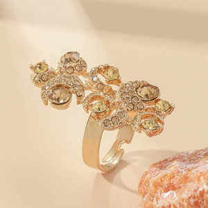 Vintage Boho Blumenring in Gold mit Champagner-Kristallen und verstellbarer Ringschiene